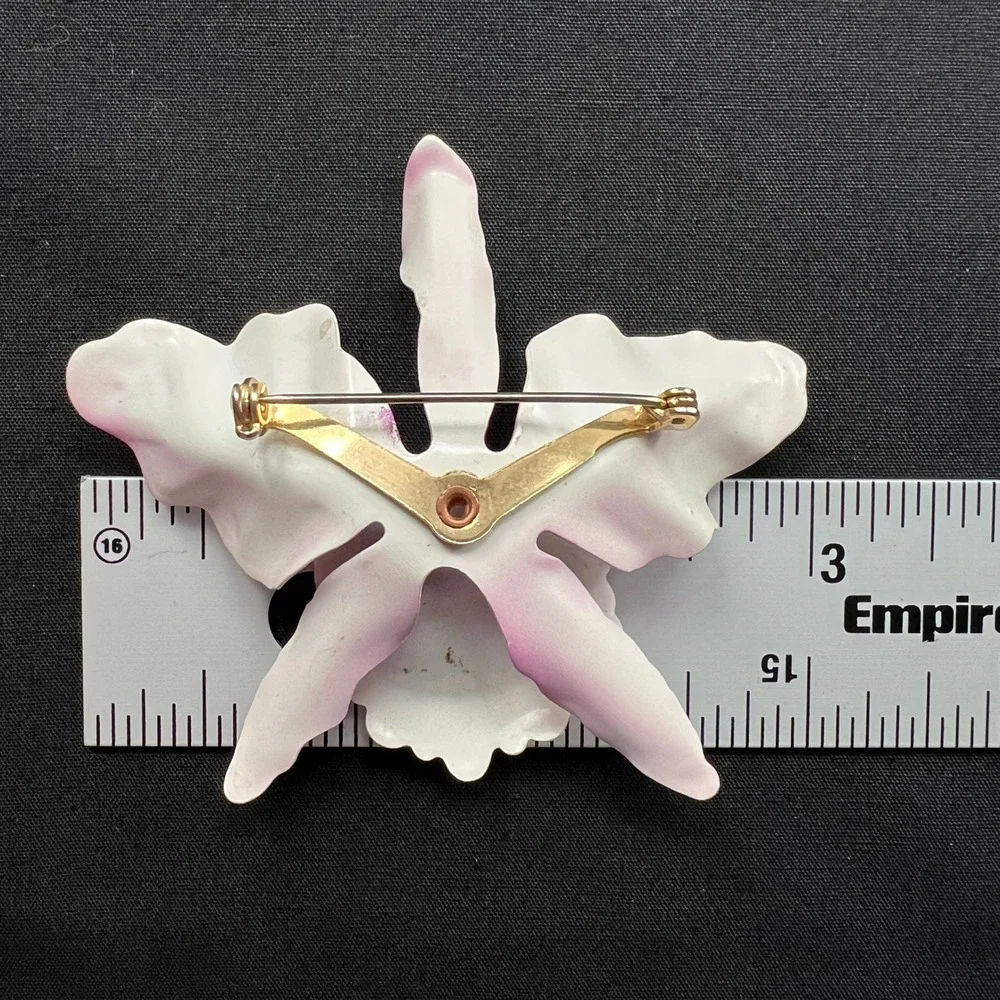 Vintage Brooch Enamel‎ Flower Pink White Orchid Pin Large 3
